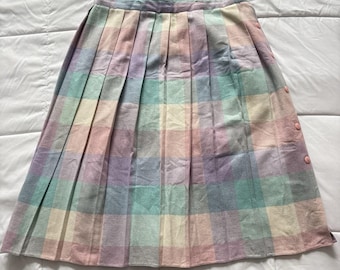 Vintage Plaid Midi Skirt Womens Wool Pleated Made In USA Pastel 80s Academia Y2K