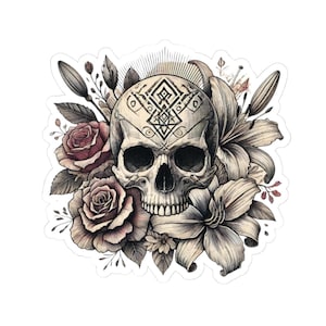 Skull with Flowers Sticker, Floral Skull Decal, Flower Skull Laptop Sticker, Gothic Rose Sticker, Day of the Dead Sticker, Halloween Sticker