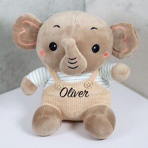 May include: A brown plush elephant toy wearing a striped shirt and overalls. The overalls have a star and the name "Oliver" embroidered on them.