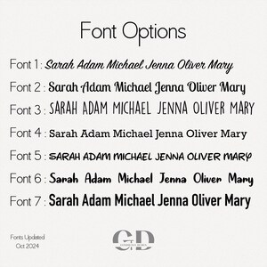 May include: Seven different font options for names are shown in black text on a white background. The names are "Sarah Adam Michael Jenna Oliver Mary". The text "Font Options" is at the top of the image. The text "Fonts Updated Oct 2024" is at the bottom of the image.