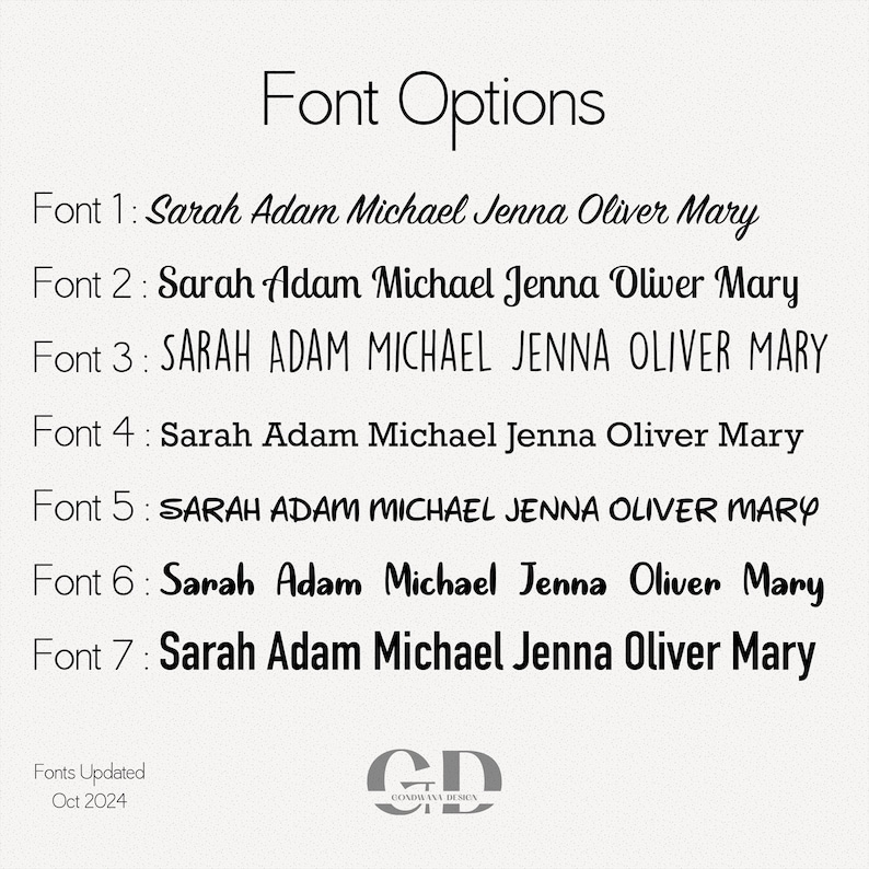 May include: Seven different font options for names are shown in black text on a white background. The names are "Sarah Adam Michael Jenna Oliver Mary". The text "Font Options" is at the top of the image. The text "Fonts Updated Oct 2024" is at the bottom of the image.