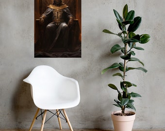 May include: A framed art print depicts a regal figure seated on a throne. The artwork features a dark color palette with gold accents on the figure's attire and the throne. The background has a warm, fiery glow.