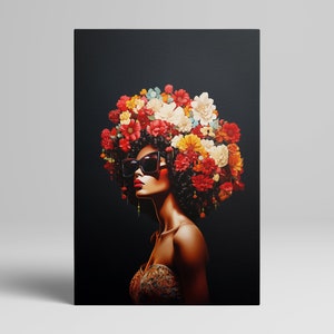Floral Afro Black Woman Wall Art - Canvas Print