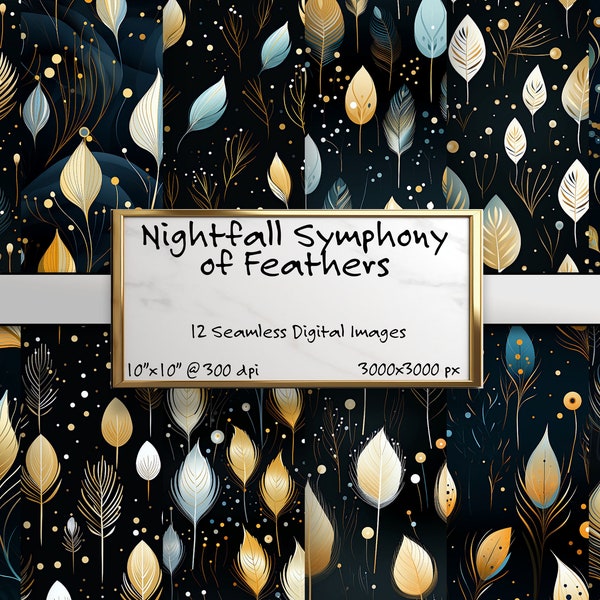 Nightfall Symphony of Feathers - 12 Seamless Patterns, Bronze & Gold Flowing Feathers with Aqua Accents, Instant Download