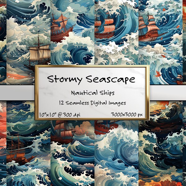 Stormy Seascape: Nautical Ships and Waves | 12 Manga Art Patterns | Yuko Shimizu Inspired | Digital Wallpaper | Commercial Use | Seamless