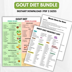 May include: A green and pink printable guide with the title "Gout Diet Bundle" and the text "Instant Download | PDF 2 Sizes". The guide includes a list of foods to eat and foods to avoid for a gout diet. It also includes a grocery list and meal ideas for gout.