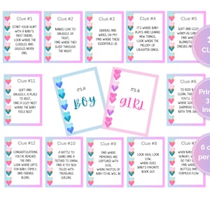 Búsqueda del tesoro para revelar el género del bebé y juegos para revelar el género del bebé, tarjetas con pistas para la búsqueda del tesoro para una fiesta de baby shower, juego para niño o niña, juego de fiesta imprimible