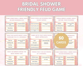 May include: A pink and gold printable bridal shower game with 50 cards. The cards feature questions about weddings, such as "Name something a bride does on her wedding day" and "What do guests most look forward to at a wedding?"