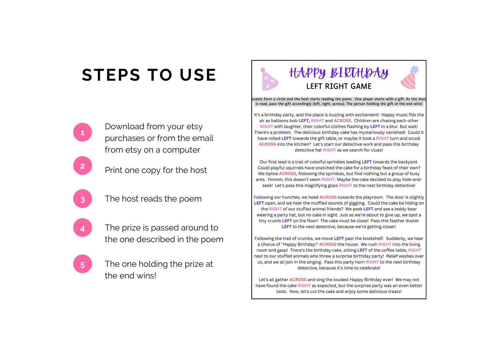 Pass the Prize Birthday Game Left Right Birthday Game, Party Game for ...