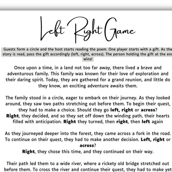 Left right game, Right left game, family reunion games, slumber party, graduation party, game activity, left right poem, printable