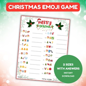 May include: A printable Christmas emoji game with 20 questions. The game features a festive green and red color scheme with holly leaves and a Santa hat. The text "Merry Christmas" is written in red letters. The game is available in two sizes and includes answers.