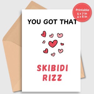 Valentinstag lustige Skibidi Rizz Karte Teen Teenager Gen Z Sprache Slang, Humor Grußkarte Last Minute süßes Geschenk Mitarbeiter, printable