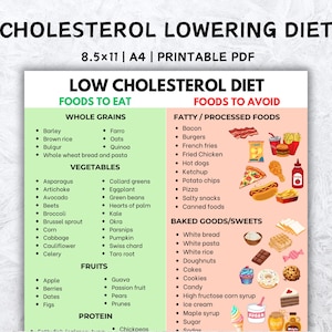 Cholesterol senkende Lebensmittel Liste Diagramm zu niedrigeren LDL, cholesterinarme Lebensmittel Cholesterolarme Diät Clock Blatt Lebensmittel zu essen und zu vermeiden druckbare PDF