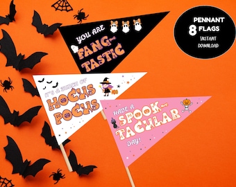 May include: Halloween-themed pennant flags with phrases like "You are Fang-tastic" and "It's a bunch of Hocus Pocus." The flags are triangular, with orange and black accents, and feature bats, spiders, and a witch illustration. The image also includes a black circle with the text "Pennant 8 Flags Instant Download."