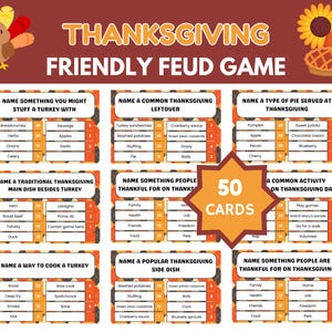Könnte beinhalten: Thanksgiving Friendly Feud Game mit Karten zu Themen wie Füllung, Resten und Kuchenarten. Das Spiel enthält 50 Karten und zeigt festliche Illustrationen einer Truthahn, Kürbiskuchen und einer Sonnenblume.