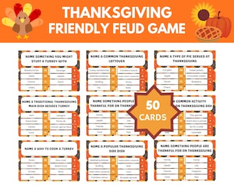 May include: A Thanksgiving Friendly Feud game set featuring an orange header with a turkey, sunflower, pumpkin, and pie illustration. The set includes 50 cards with various Thanksgiving-themed survey questions, answer lists, and point values printed in black text on a white and orange patterned background.