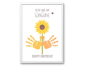 Happy Birthday Handprint Art, Custom Birthday Gift, Sunflower Hand print Keepsake, Summer handprint crafts, toddler activities, Printable