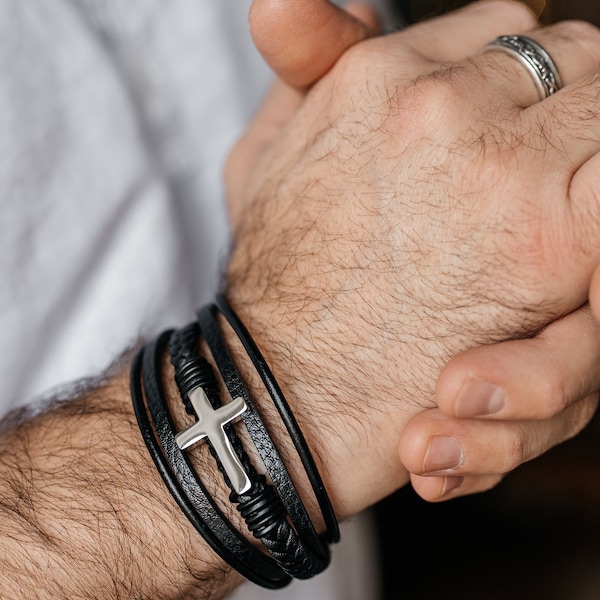 Handcrafted Men's Leather Bracelet with Silver Cross, Birthday Gift, Leather Cross Bracelet, men cross bracelet,  Braided Leather Bracelet