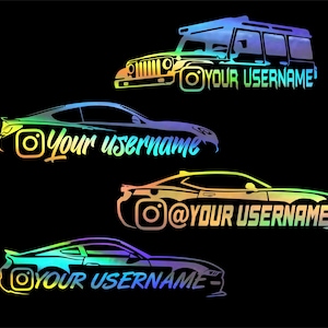 May include: A collection of colorful car decals with Instagram logos and the text "Your Username". The designs include a Jeep, a sports car, and two other car silhouettes, all in a rainbow gradient against a black background.