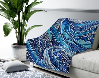 Blue Batik Sherpa Fleece Blanket: Boho Home Decor Throw