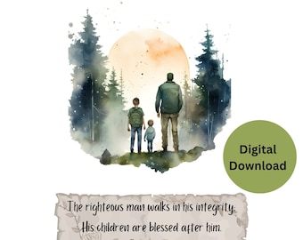 Christian Father & Sons Wall Art, Proverbs 20:7 Scripture Print, Godly Father Gift, Faith Family Decor, Digital Download