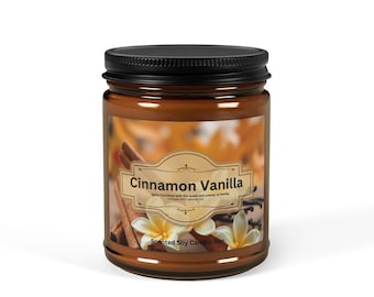 Cinnamon Vanilla Soy Candle: 9oz Amber Jar, Eco-Friendly Vegan Candle