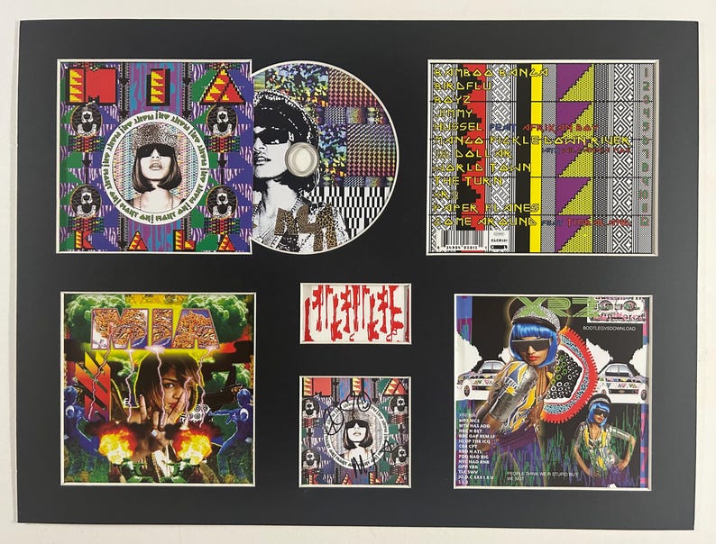 May include: A framed collection of music album art. The album art features a woman with sunglasses and a hat. The album art has a colorful geometric design. The text "PLANT AN! PLANT AN!" is visible. The CD has a black and white design.
