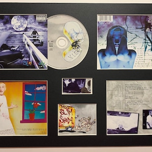 Op de afbeelding: Een ingelijste verzameling afbeeldingen en een cd met de rapper Eminem. De afbeeldingen omvatten een zwart-witfoto van Eminem, een cartoonafbeelding van een raam met een bloempot, een zwart-witfoto van een bestelwagen met de woorden "Free Slim Shady" aan de zijkant en een zwart-witfoto van een persoon met een microfoon. De cd is een standaard cd met een blauw-wit ontwerp.