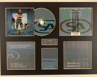 Può includere: Un CD incorniciato con sfondo nero e una copertina del CD con tre persone in un container. La copertina del CD ha il titolo "Skunk Anansie" e il titolo dell'album "Paranoid & Sunburnt". Il CD è in una cornice nera con un passepartout bianco.
