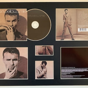 Puede incluir: Un CD enmarcado con fondo negro y una caja de CD con fondo marrón. La caja de CD tiene una imagen de un hombre con una expresión seria en su rostro. La caja de CD también tiene el texto "Marti Pellow Smile". El CD es un disco compacto con fondo marrón y el texto "Marti Pellow Smile" en él. La parte posterior de la caja de CD tiene una lista de canciones en el CD y una imagen del hombre con un traje.