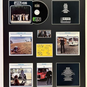 May include: A framed display featuring the Pulp Different Class album cover, a CD, back cover tracklist, and various promotional inserts. The collection includes photographs of band members, a yellow card with handwritten signatures, and credits.