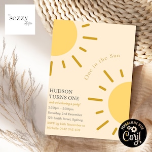 One in the Sun Boys First Birthday Party Invitation Template | Editable Digital Boys 1st Birthday Invite