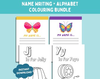 Name Writing Practice, Alphabet Colouring Pages (Printable Bundle)