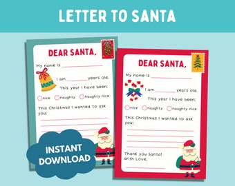 Letter to Santa Printable, Kids Christmas Wish List, Colouring Pages (PDF)