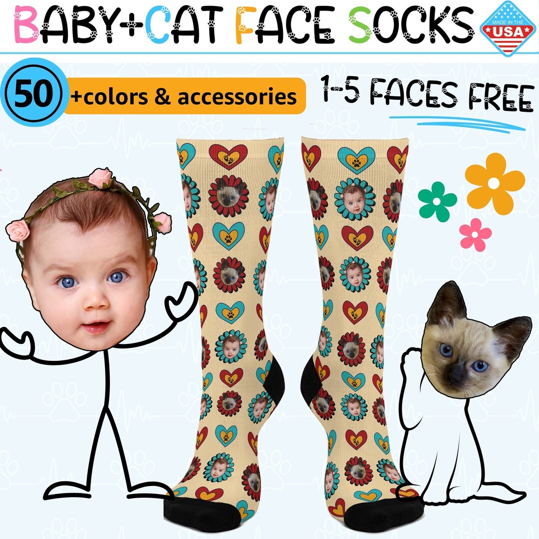 Best Friends Cat Face Socks Baby Cat Custom 3 Face Socks Baby Photo