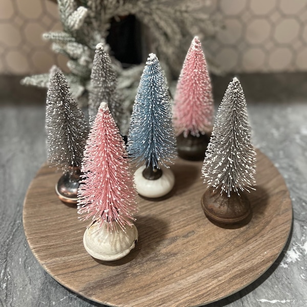 7” Antique door knob flocked bottle brush Christmas tree/Snowy glitter/retro Christmas trees, farmhouse decor.