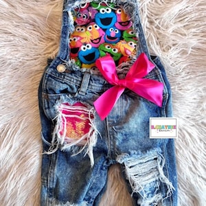 Kids Distressed Denim Sesame Street Fabric Overalls