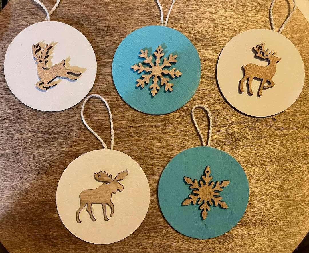 Set of 5, Round Wood Ornaments Etsy