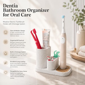 May include: A light gray, ribbed bathroom organizer for oral care with the text Dentia Bathroom Organizer for Oral Care. It features multiple compartments holding a red toothbrush, toothpaste, and floss picks, plus a beige electric toothbrush.