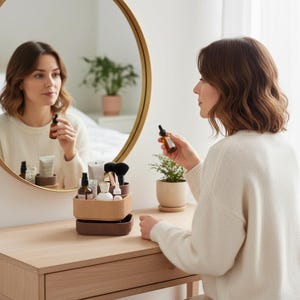 Organizador de maquillaje, soporte apilable para tocador de baño, soporte minimalista acanalado para el cuidado de la piel, expositor de belleza moderno.