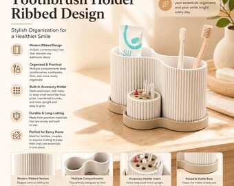 Portaspazzolino Aurelia, organizer da bagno a coste, moderno contenitore per lavabo, decorazione minimalista per il piano del lavabo.