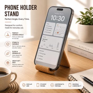 May include: A tan, ribbed, V-shaped phone holder stand supporting a smartphone displaying a calendar and task list. The text on the image reads: PHONE HOLDER STAND, Perfect Angle. Every Time., Designed for comfort, made for everyday use.