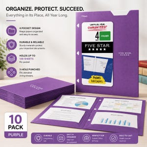 May include: A 10-pack of purple Five Star 4-pocket folders. The folders feature a 3-hole punched design for binders, with text on the packaging stating "Lasts all year. Guaranteed!" and "Holds up to 100 sheets per pocket." The set includes both folded and open units.