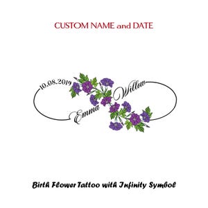 Tatuagem de flores coloridas de nascimento, símbolo do infinito, design de data personalizado, tatuagem de dois nomes