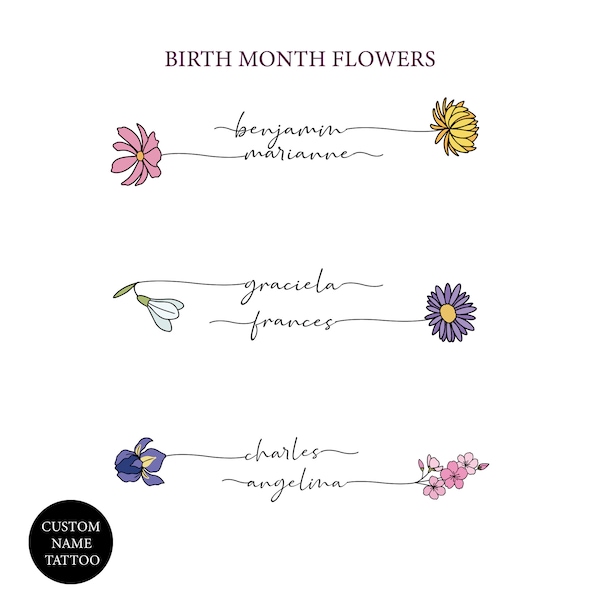 Birth Month Flowers Tattoo, Two Birth Flowers and 2 Names Svg, Couple Tattoo, Colourful Flowers