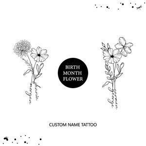 Könnte beinhalten: Zwei Schwarzweiß-Zeichnungen von Blumensträußen mit den Namen "Morgan" und "Carmen George", die vertikal unter jedem Strauß geschrieben sind. Der Text "BIRTH MONTH FLOWER" ist in einem schwarzen Kreis in der Mitte des Bildes geschrieben. Der Text "CUSTOM NAME TATTOO" ist unter dem Kreis geschrieben.