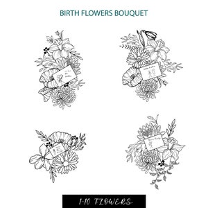 Geburt Monat Blumen Blumenstrauß, Geburt Monat Tattoo Design, Familie Blumen Blumenstrauß mit Geschenkkarte, Quetos svg