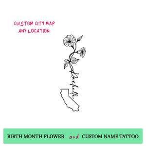 Stadt Karte Tattoo, Geburtsmonat Blumen, personalisierte Stadt Karte, jeder Ort, Namen Tattoo