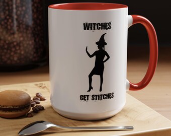 Witches Get Stitches Halloween Halloweentown Bitches Large Coffee Mug Spooky Funny Gift Tis The Season Decoration Witch Cup Haunted Broom