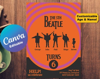 Editable Beatles Theme Children's Birthday Party Invite Card Help Invitation Customizable Canva Template Invitation Printable Custom Name